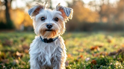 Cute yorkshire terrier puppy standing on grass in autumn park