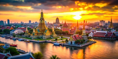 Bangkok Sunrise Tilt-Shift Photography: Miniature Cityscape, Golden Hour, Chao Phraya River, Wat Arun, Thailand