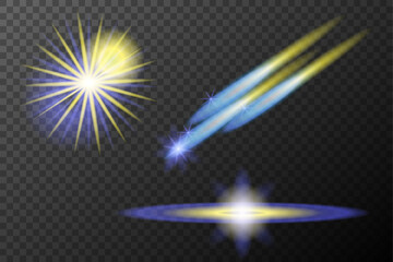Set of light effects isolated flare explosion shiny line dust solar flare star spark neon light holidays festival, vector element blue yellow