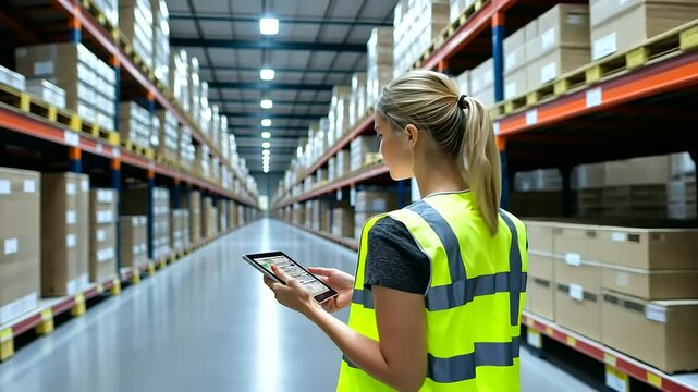A warehouse worker in a reflective vest inputs logistics data on a digital tablet, standing among organized aisles of inventory in a bright, modern warehouse.