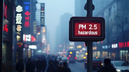 A digital air quality monitor displays a PM 2.5 reading marked "hazardous" in a bustling city street enveloped in smog and neon lights.