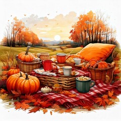 Illustration of a cozy fall picnic scene with blankets, pumpkins, and hot drinks