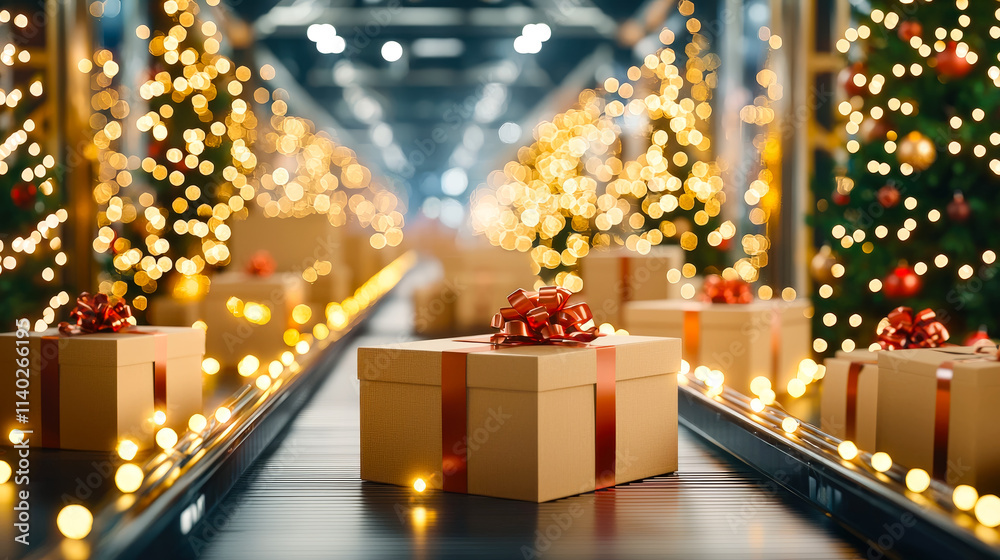 Poster wrapped presents above a conveyor belt with brown boxes decorate a festive christmas display in a sp