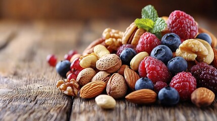 Vibrant Assortment of Fresh Berries and Nuts on Rustic Wooden Table Healthy Snack Concept with Copy Space