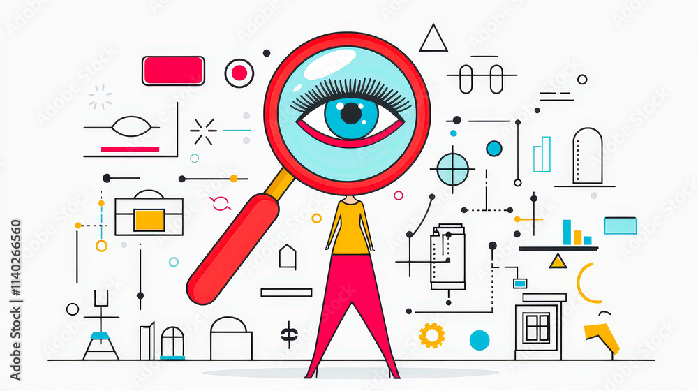 Poster person using a magnifying glass surrounded by various icons representing research and analysis