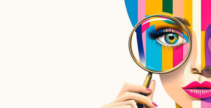 woman's face holding a magnifying glass with vibrant stripes
