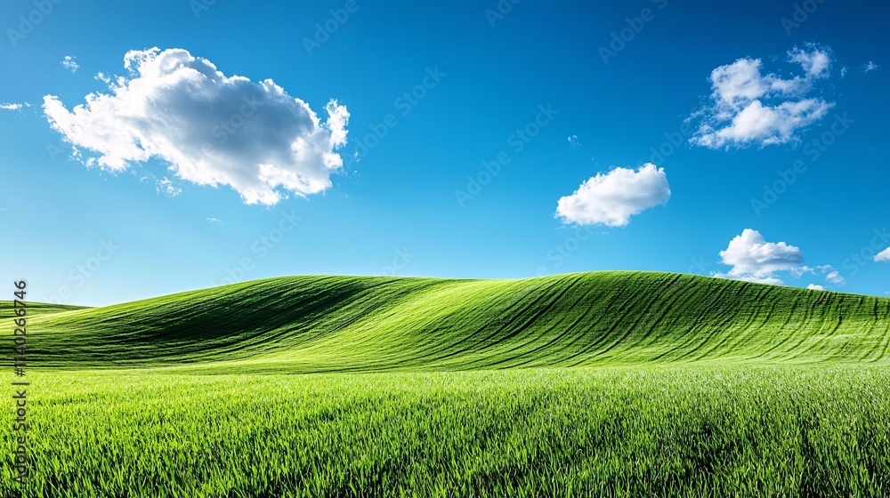 Poster solar panels installed in a vast green field under a bright blue sky stock photo with side copy spac
