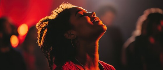A young person with textured hair is lost in the moment, expressing joy while enjoying live music in a dimly lit space filled with colorful lights and energy.