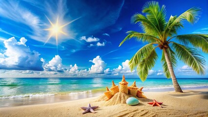 Obraz premium Beach Clipart Background: Summer Fun, Ocean Paradise, Seashell, Tropical, Sunny, Holiday, Vacation, Coastal, Sandcastle, Wave, Sunset, Seagull, Palm Tree, Relaxing, Blue Ocean, Bright,