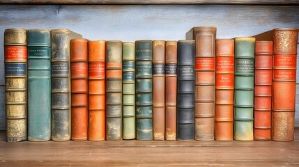 Naklejka premium A collection of vintage books arranged neatly on a wooden shelf.