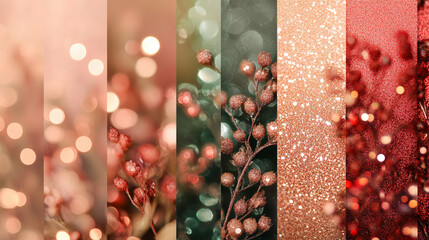 Red, green, and pastel tones with iridescent glitter textures, creating a vibrant and metallic bokeh-inspired color palette 