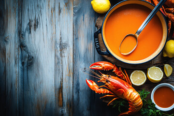 Seafood boil feast preparation coastal kitchen culinary art rustic setting top-down view