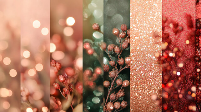 Red, green, and pastel tones with iridescent glitter textures, creating a vibrant and metallic bokeh-inspired color palette 
