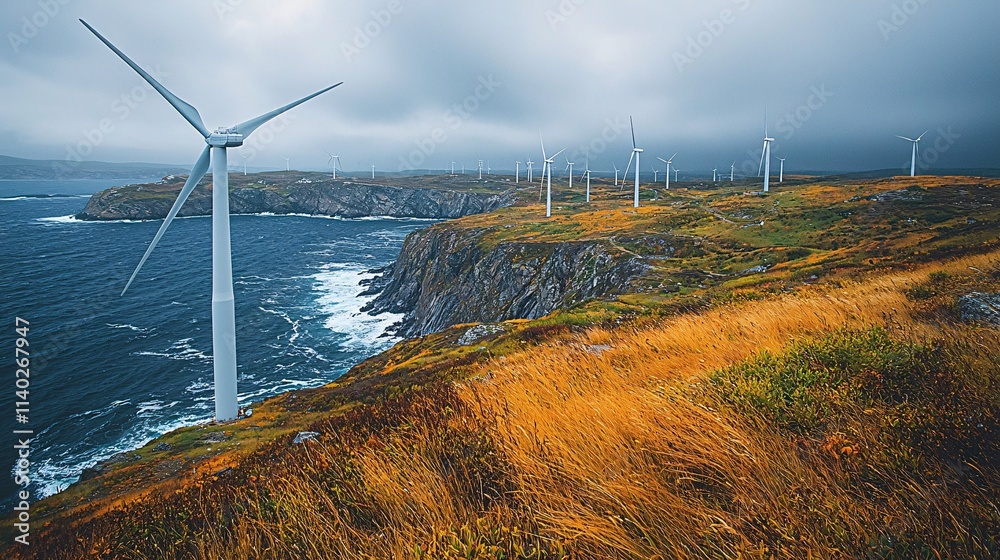 Poster wind farm on a coastal area with ocean waves gently touching the shore stock photo with side copy sp
