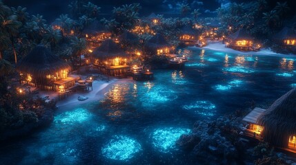 Glowing Tribal Polynesian Village in Bioluminescent Ocean with Augmented Reality Patterns, Photorealistic Illustration