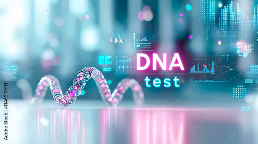 Poster DNA testing process illustrated with a digital representation of a helix and analytical data in a futuristic setting