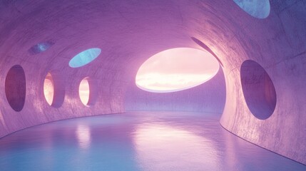 Abstract purple concrete futuristic tunnel interior with oval windows and reflective floor.