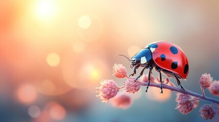Obraz premium Ladybug on a flower at sunset.