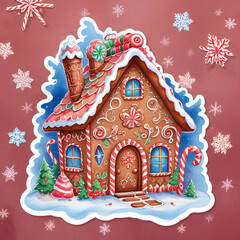 Adorable Cartoon Gingerbread House Surrounded by Festive Snowflakes