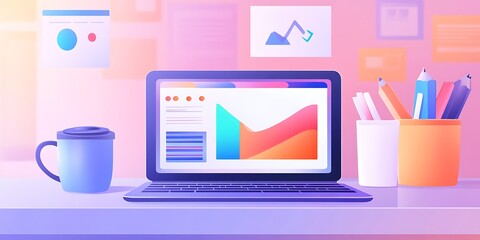 Creative workspace with a laptop, coffee cup, and digital marketing trends 