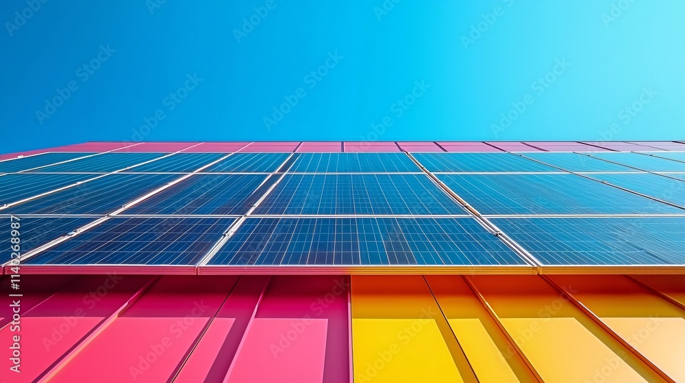 Poster energy-efficient skyscrapers with solar panels integrated into their design stock photo with side co