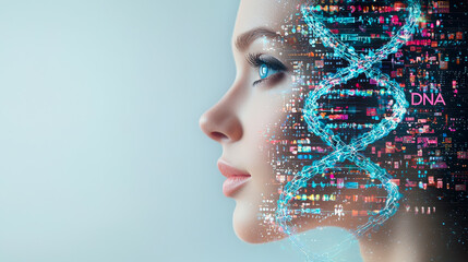 Young woman with digital DNA representation illustrating biotechnology and genetic exploration in a modern setting