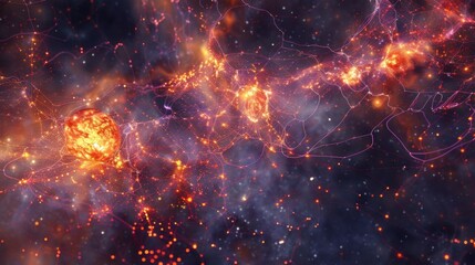 Naklejka premium Big data flowing between planets and stars, creating a network of information across the vast expanse of outer space, a concept of global connectivity and the exchange of knowledge