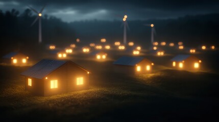 Fototapeta premium Sustainable Village Solar Wind Powered Homes at Night