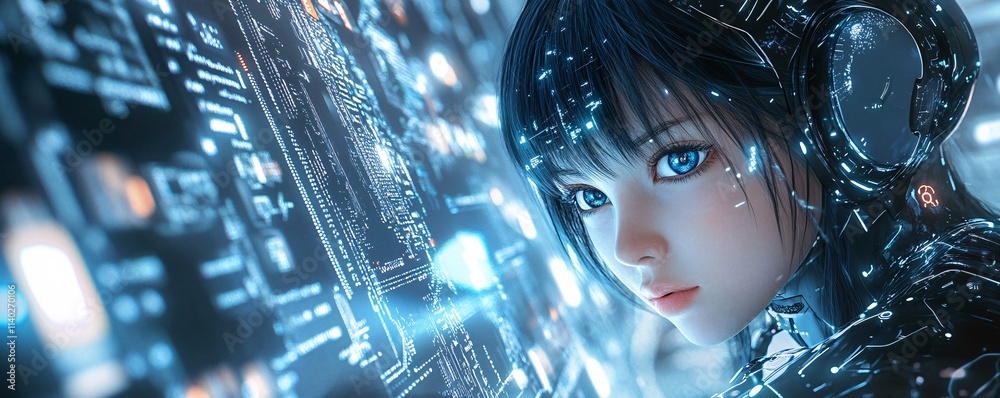 Poster cyborg woman analyzing futuristic data stream in virtual reality