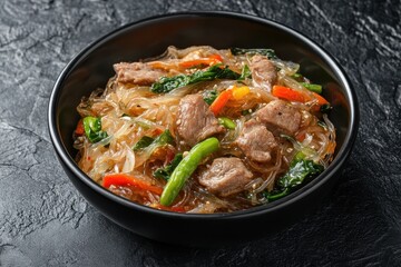 Black bowl of japchae on slate table Authentic Korean noodle dish with meat and vegetables Asian traditional food Overhead view