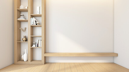Modern Japanese-style living room with built-in TV cabinet and bookshelf. Wooden floor and white wall. 3d rendering