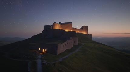 Obraz premium Majestic castle illuminated at night atop a hill under a starry sky.