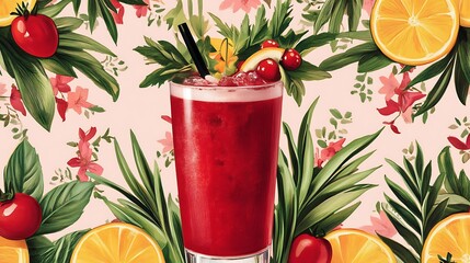Classy Vintage 1920s Style Poster Featuring a Colorful Cocktail Surrounded by Bright Fruits and Lush Greenery for Trendy Decor and Advertising