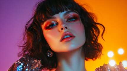 Retro 80s makeup with glitter and bright colors paired with a disco outfit, showing fun party vibes and stylish vintage fashion looks 