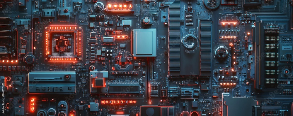 Poster Complex electronic circuit board pulsating with red lights