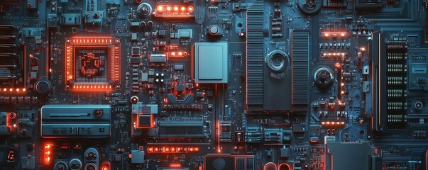 Complex electronic circuit board pulsating with red lights