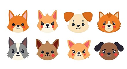 Cute Cartoon Dog Faces Collection Illustration with Eight Adorable Puppy Designs for Kids and Pet Lovers