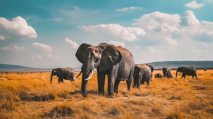 Obraz premium A herd of elephants walk through a grassy savanna under a bright blue sky.