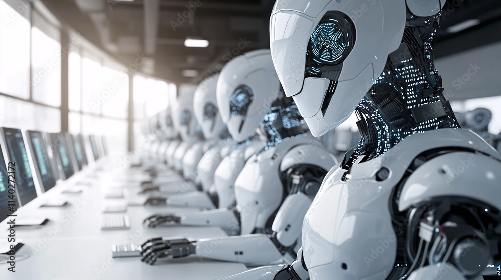 Leinwandbilder Humanoid robots working on computers in modern office: artificial intelligence revolution