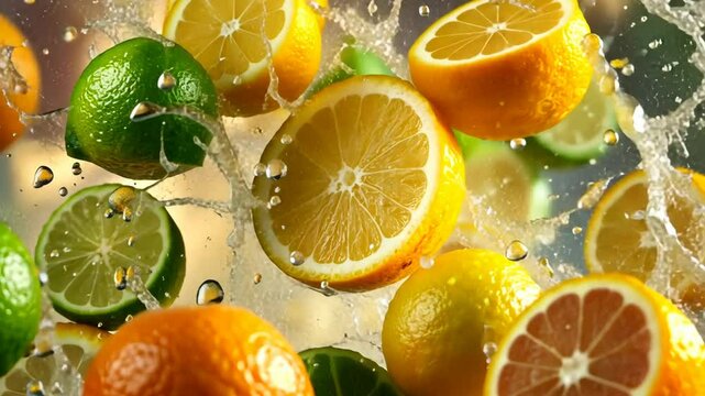 Vibrant citrus explosion with slices of orange and lime splashing in water