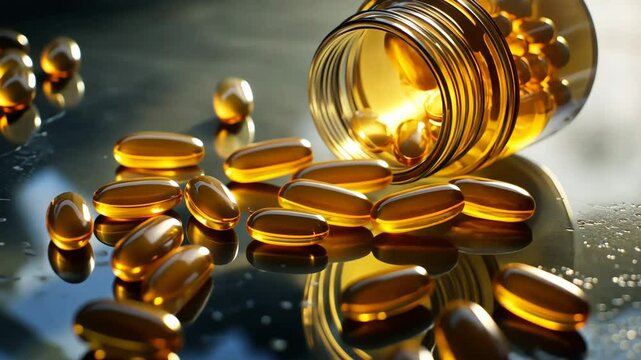 Golden capsules rolling from glass bottle under warm light reflection