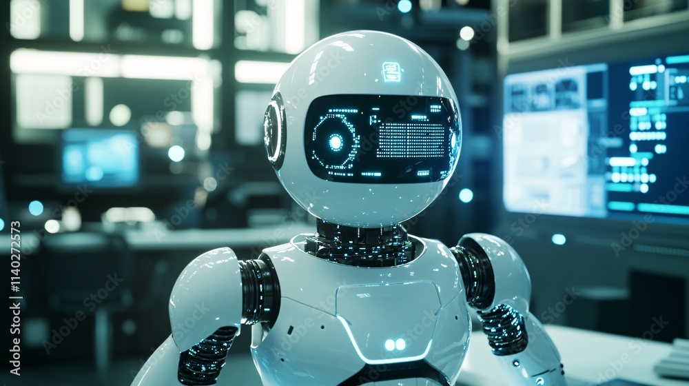Fototapete Cute white robot working on computer in futuristic office analyzing data