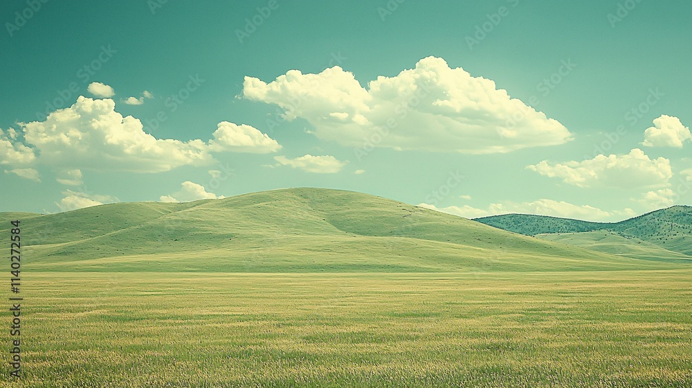 Poster massive solar power farm under a partly cloudy sky with green grass stock photo with side copy space