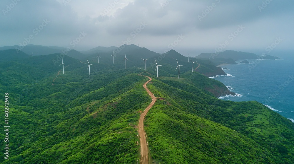Poster wind turbines in a dense forest landscape representing renewable energy harmony stock photo with sid