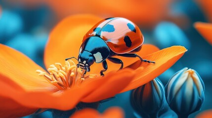 Fototapeta premium Ladybug on orange flower petal.