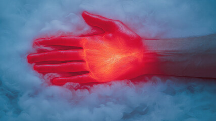 Glowing red hand surrounded by cloudy vapor, creating surreal atmosphere. vibrant color contrasts with soft, ethereal background, evoking sense of mystery and intrigue