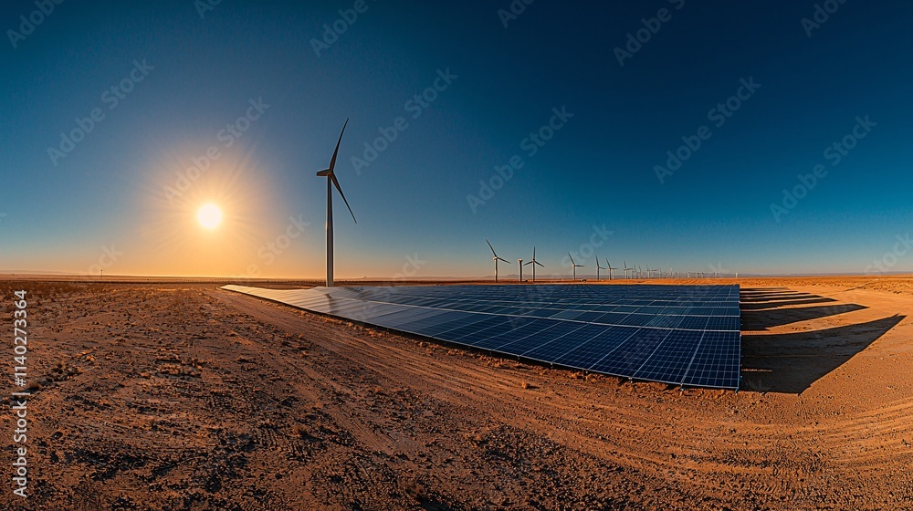 Poster wide-angle view of clean energy installations on a barren desert field stock photo with side copy sp
