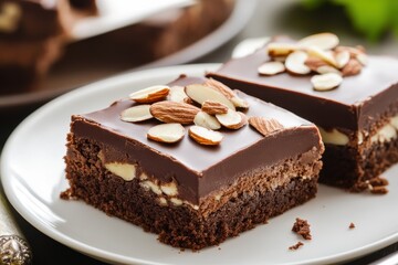 Chocolate brownie topped with sliced almonds on a white plate