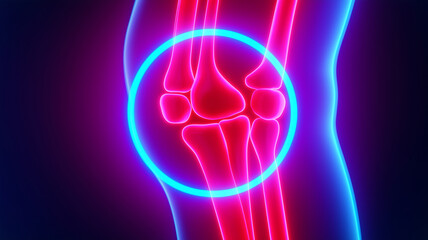 vibrant illustration of knee joint highlighted with glowing red and blue lines, showcasing its anatomical structure. design emphasizes joint features in visually striking manner