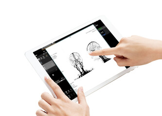 CTA Brain Imaging shows a 3D brain CTA scan displayed on a tablet, with hands interacting for detailed vascular and neurological evaluation, isolation on white background, clipping path.